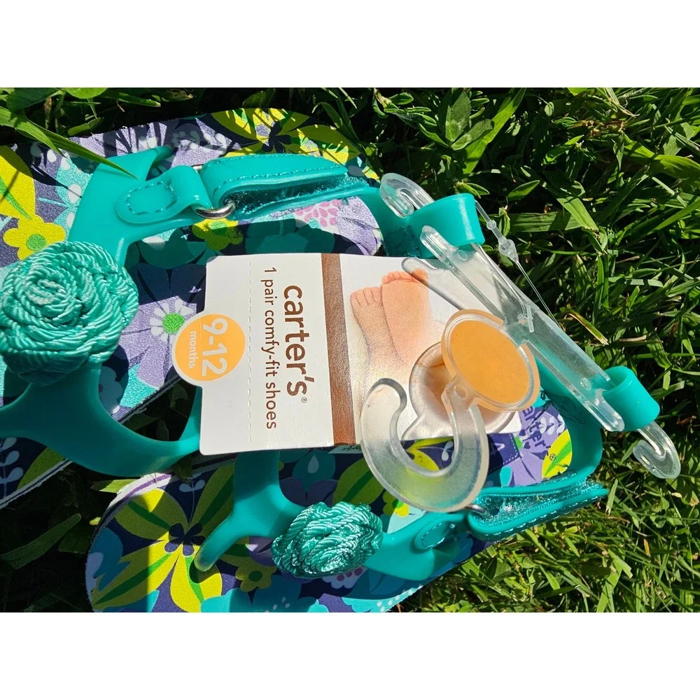 Carters Baby Girl Floral Teal Rosette Thong Sandals Shoes Size 4 9-12 Months NEW